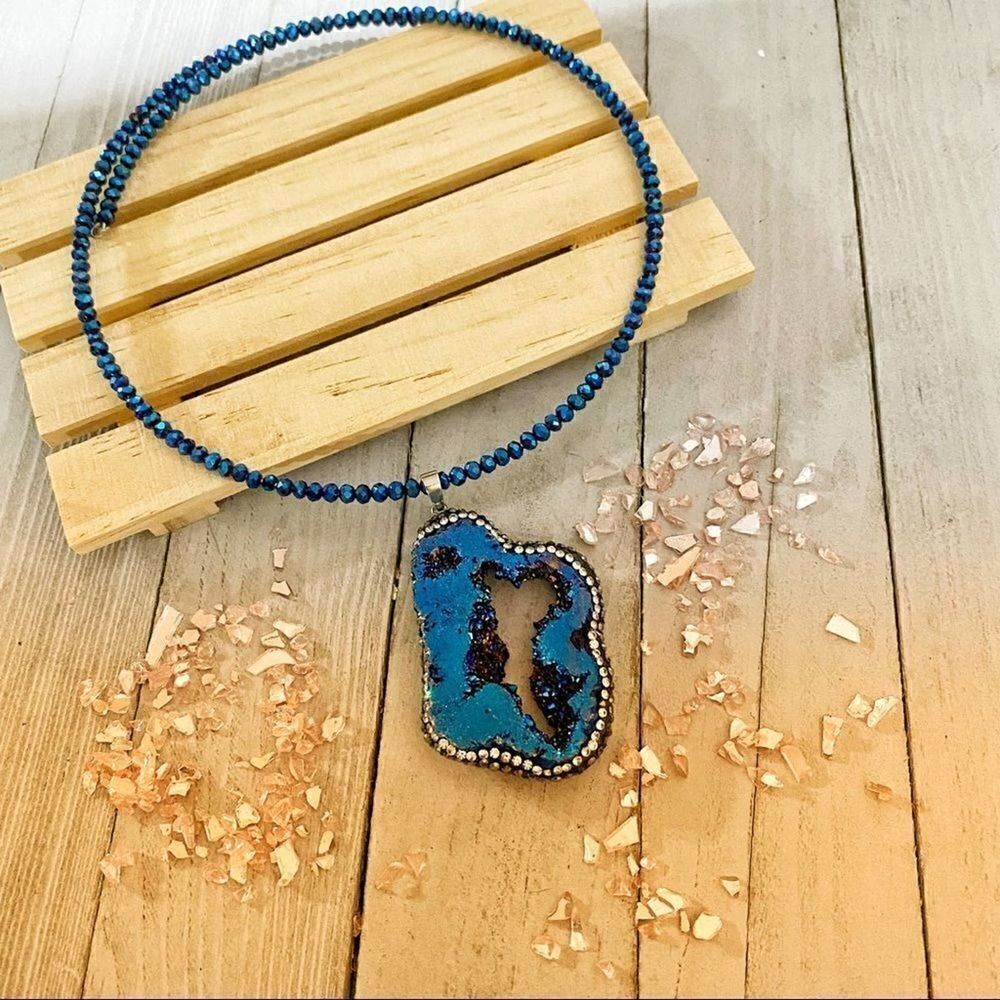 Large Druzy Statement Blue Crystal Choker Necklace